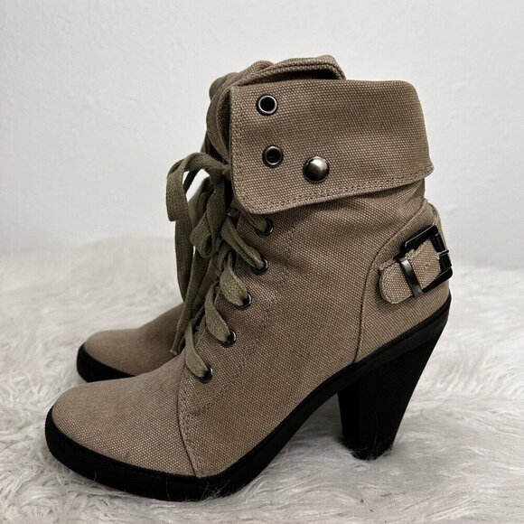 Aldo Beige Green Lace Up Heeled Ankle Boots Canvas Foldover Size 39 EU 8.5 US - Picture 2 of 12